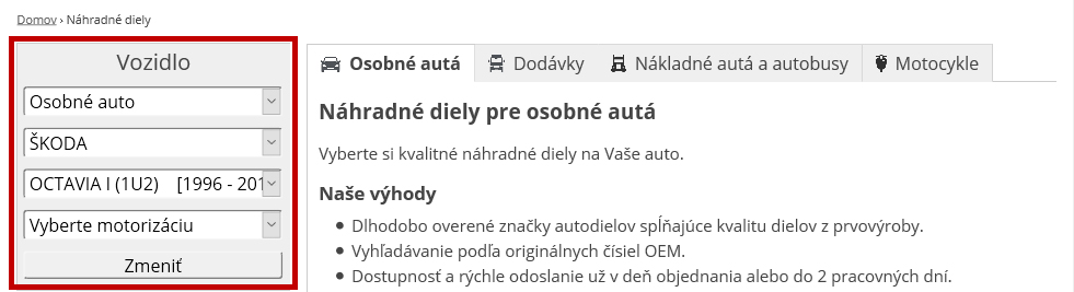 Vyhľadávanie náhradných dielov  - výber značky, modelu a motora vozidla