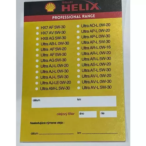 Štítok na výmenu oleja Shell Helix Professional