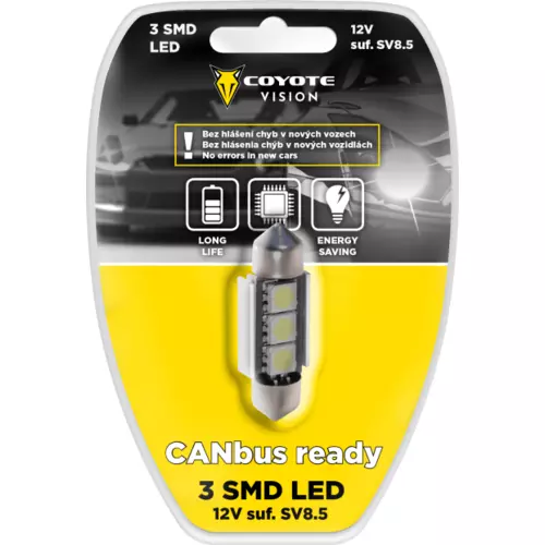 COYOTE Žiarovka 3 SMD LED 12V suf. SV8.5 s rezistorom CAN-BUS ready biela