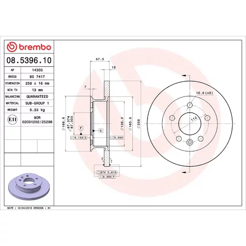 Brzdový kotúč BREMBO 08.5396.10