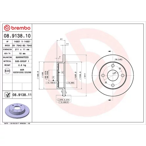 Brzdový kotúč BREMBO 08.9138.10