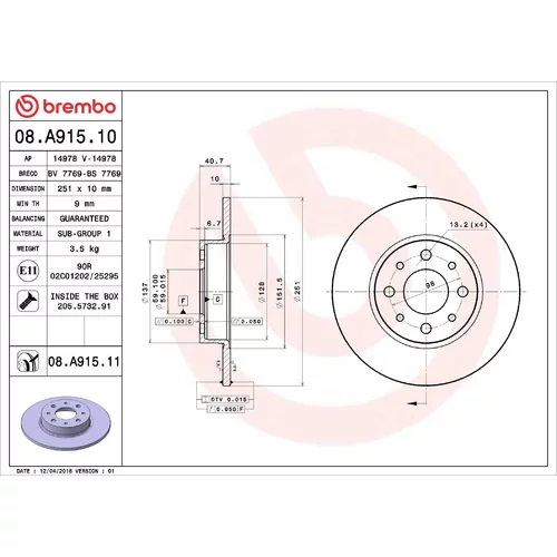 Brzdový kotúč BREMBO 08.A915.10