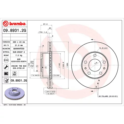 Brzdový kotúč BREMBO 09.8931.2G