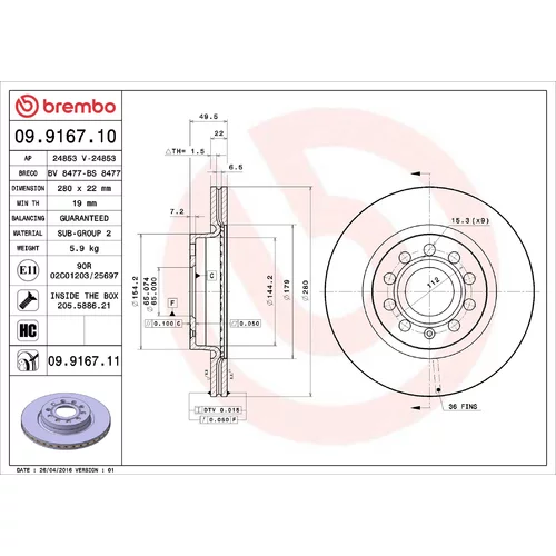 Brzdový kotúč BREMBO 09.9167.11