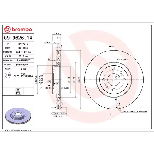 Brzdový kotúč BREMBO 09.9626.14