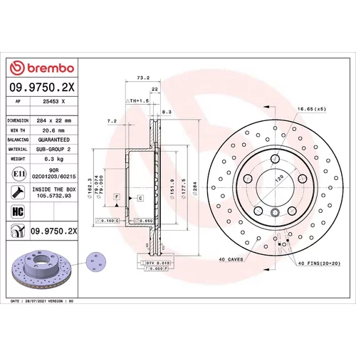 Brzdový kotúč BREMBO 09.9750.2X