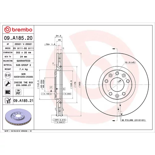 Brzdový kotúč BREMBO 09.A185.20