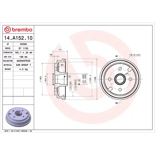 Brzdový bubon BREMBO 14.A152.10