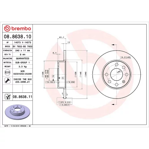 Brzdový kotúč BREMBO 08.8638.11