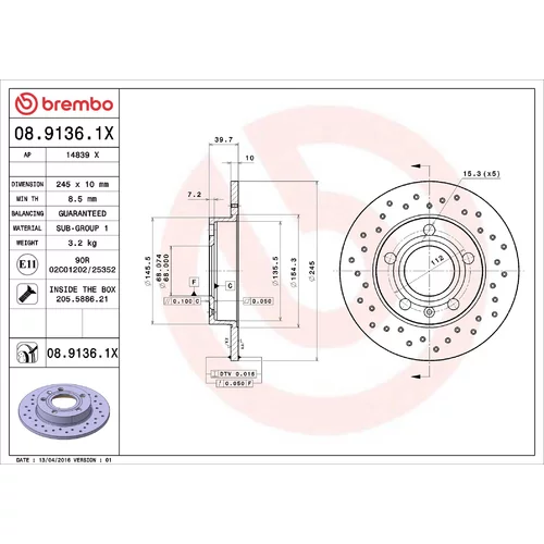 Brzdový kotúč BREMBO 08.9136.1X