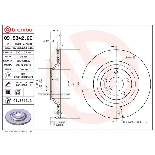 Brzdový kotúč BREMBO 09.8842.21