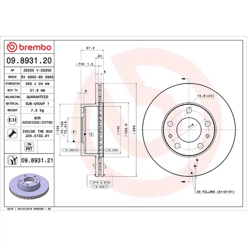 Brzdový kotúč BREMBO 09.8931.21