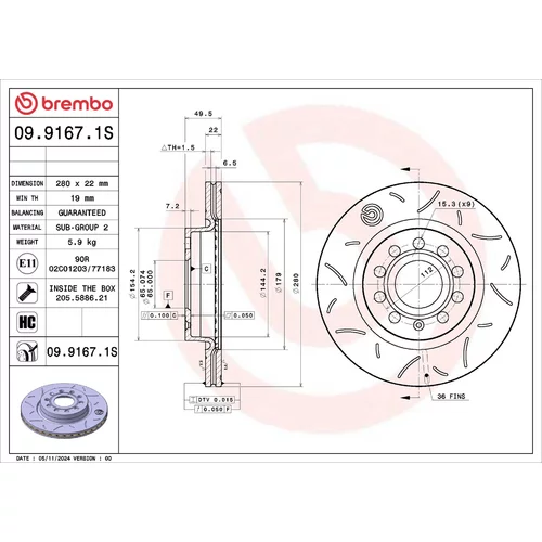 Brzdový kotúč BREMBO 09.9167.1S