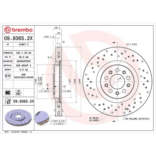 Brzdový kotúč BREMBO 09.9365.2X