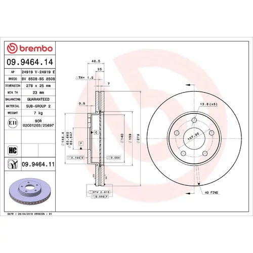 Brzdový kotúč BREMBO 09.9464.14