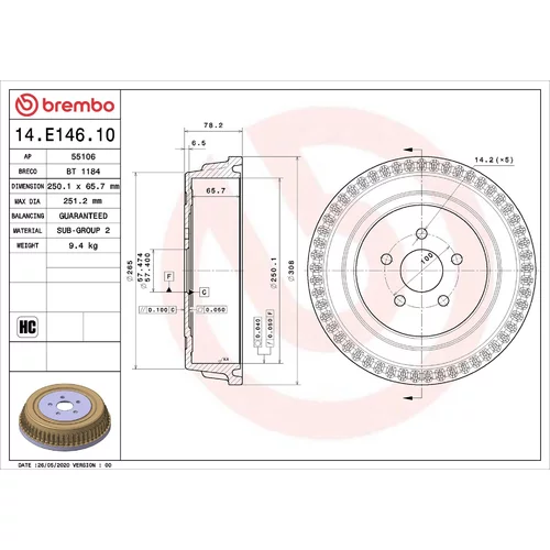 Brzdový bubon BREMBO 14.E146.10