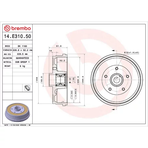 Brzdový bubon BREMBO 14.E310.50