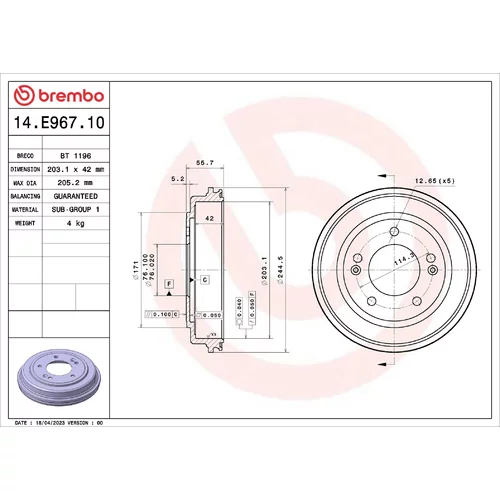 Brzdový bubon BREMBO 14.E967.10