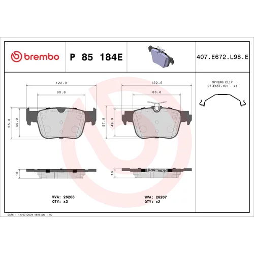 Sada brzdových platničiek kotúčovej brzdy BREMBO P 85 184E