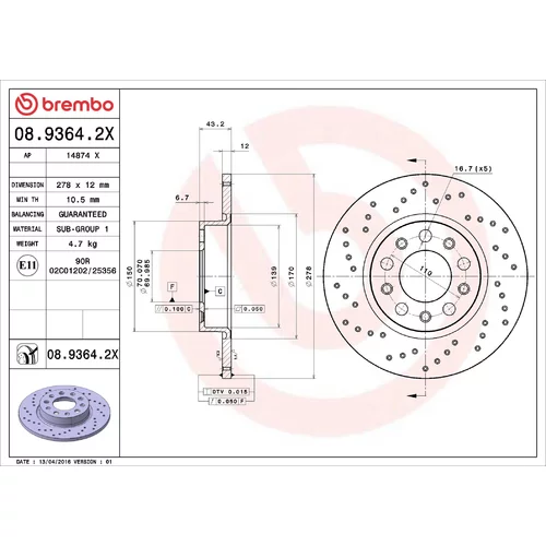 Brzdový kotúč BREMBO 08.9364.2X