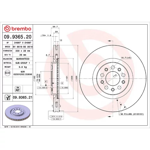 Brzdový kotúč BREMBO 09.9365.21