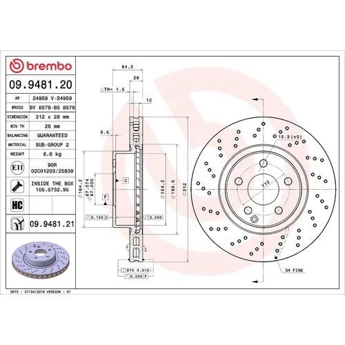 Brzdový kotúč BREMBO 09.9481.21
