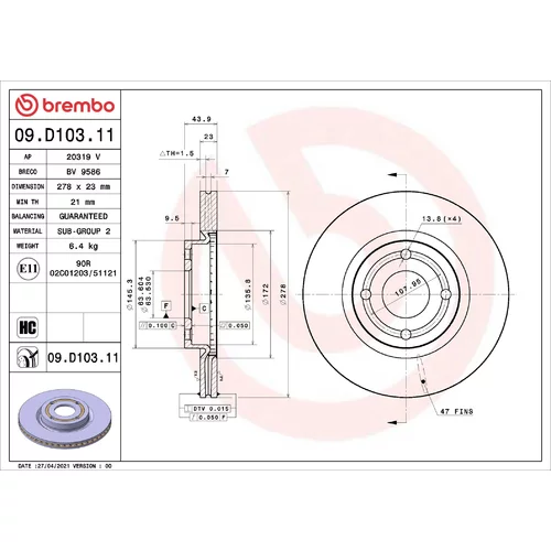 Brzdový kotúč BREMBO 09.D103.11
