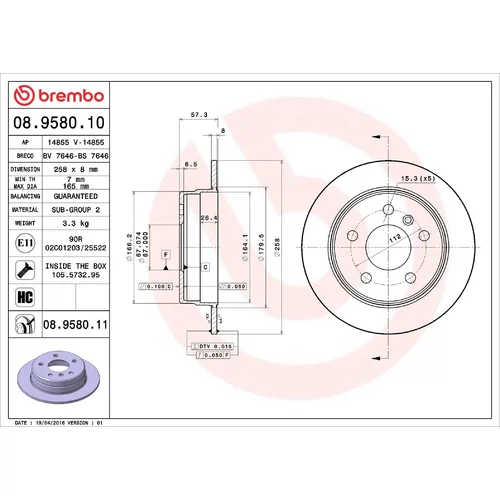 Brzdový kotúč BREMBO 08.9580.11