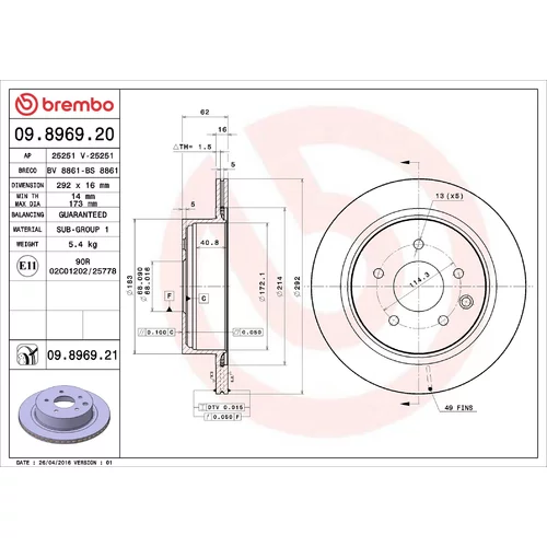 Brzdový kotúč BREMBO 09.8969.21