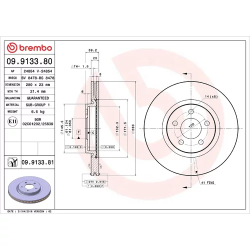 Brzdový kotúč BREMBO 09.9133.80
