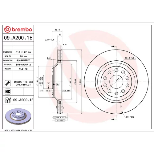 Brzdový kotúč BREMBO 09.A200.1E