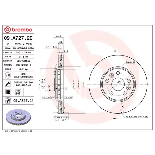 Brzdový kotúč BREMBO 09.A727.21