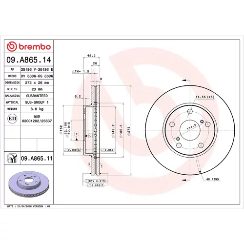 Brzdový kotúč BREMBO 09.A865.11