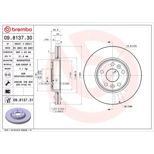 Brzdový kotúč BREMBO 09.8137.30