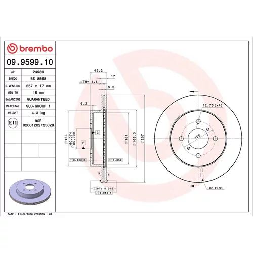 Brzdový kotúč BREMBO 09.9599.10