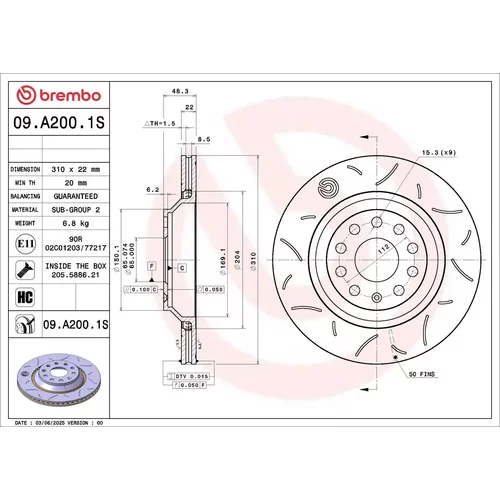 Brzdový kotúč 09.A200.1S /BREMBO/ - obr. 1
