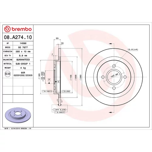 Brzdový kotúč BREMBO 08.A274.10