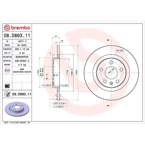 Brzdový kotúč BREMBO 08.D893.11