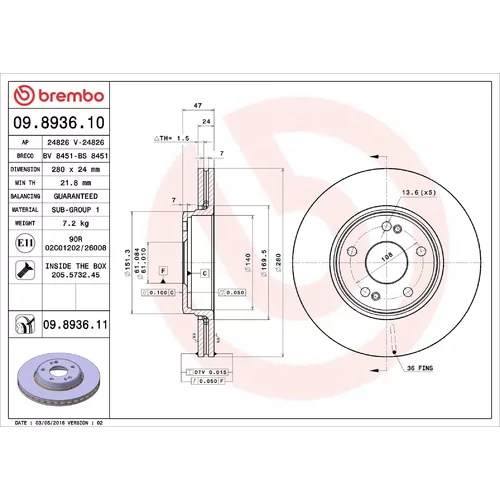 Brzdový kotúč BREMBO 09.8936.11