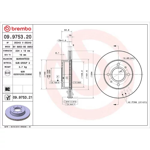 Brzdový kotúč BREMBO 09.9753.21