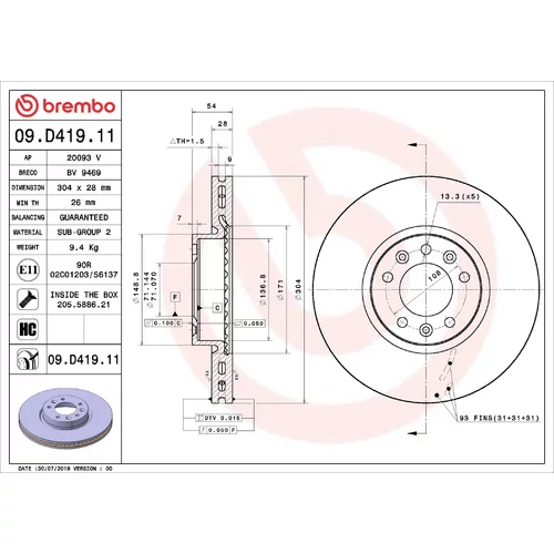 Brzdový kotúč BREMBO 09.D419.11