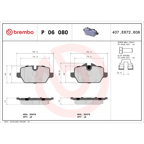 Sada brzdových platničiek kotúčovej brzdy BREMBO P 06 080