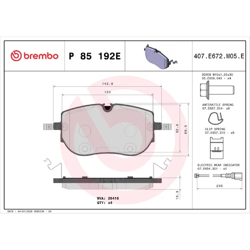 Sada brzdových platničiek kotúčovej brzdy BREMBO P 85 192E