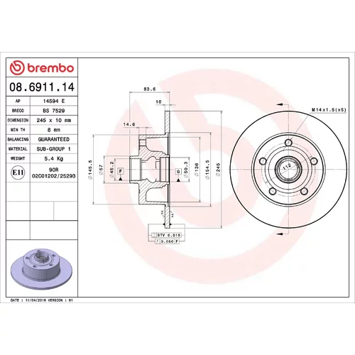 Brzdový kotúč BREMBO 08.6911.14