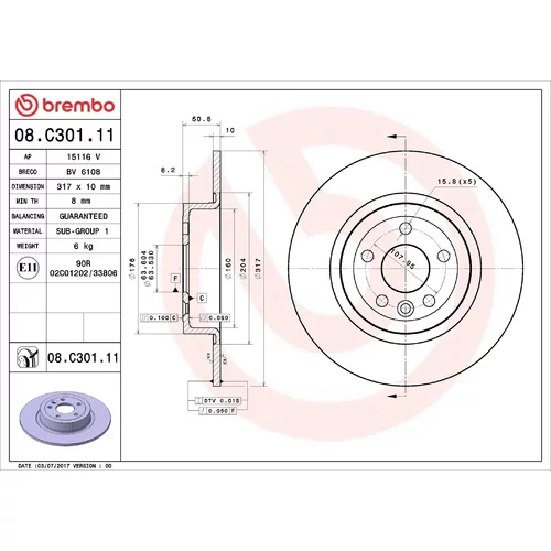 Brzdový kotúč BREMBO 08.C301.11