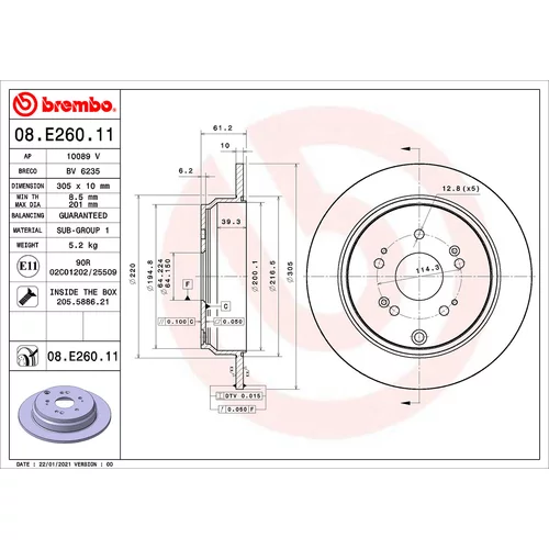 Brzdový kotúč BREMBO 08.E260.11