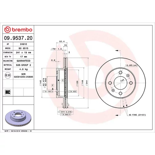 Brzdový kotúč BREMBO 09.9537.20