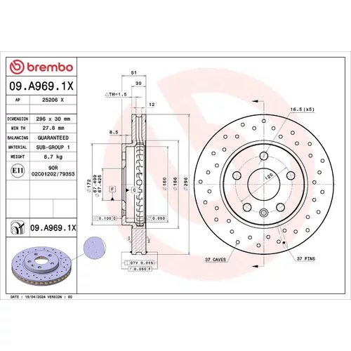 Brzdový kotúč BREMBO 09.A969.1X