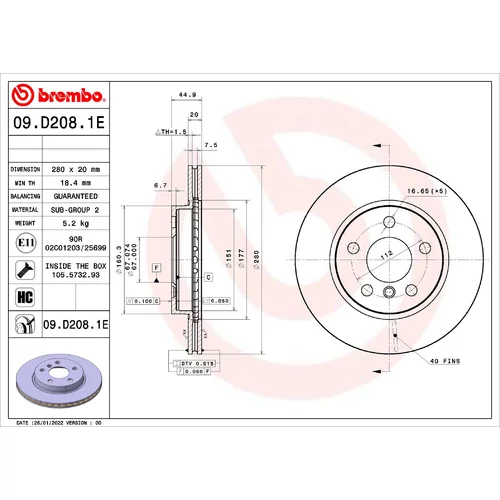 Brzdový kotúč 09.D208.1E /BREMBO/