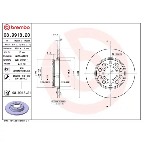 Brzdový kotúč BREMBO 08.9918.21
